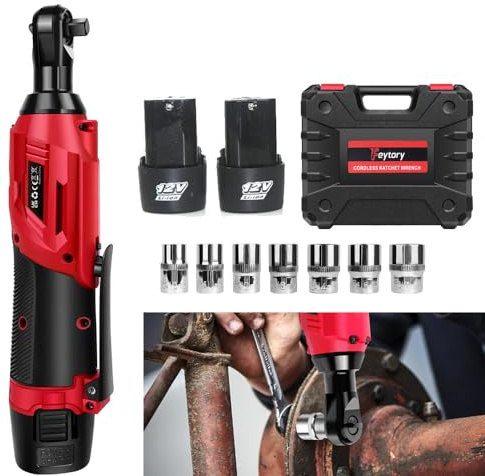 DayPlus 12V Elektrischer Akku Ratschenschlüssel 40 Nm, 2300 RPM, Akku Ratsche mit 2 × Akku, 7 Steckdosen für Maschinenbau, Maschinenbau, DIY Aufgaben, Rot