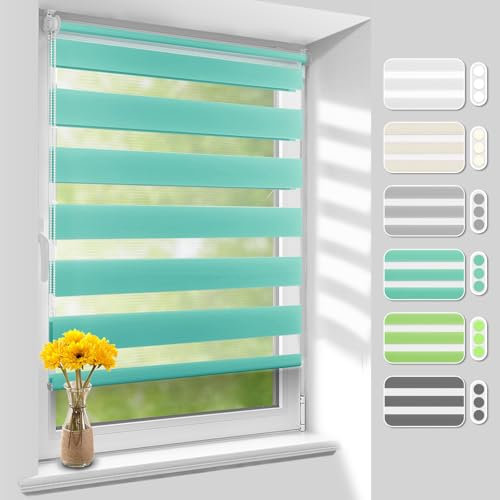 Homland Doppelrollo Klemmfix ohne Bohren B45 x H120 cm(Stoffbreite 40cm) Türkis, Duo Rollo, Rollo Klemmrollos lichtdurchlässig & verdunkelnd, Verstellbar Fensterrollo Sonnenschutz