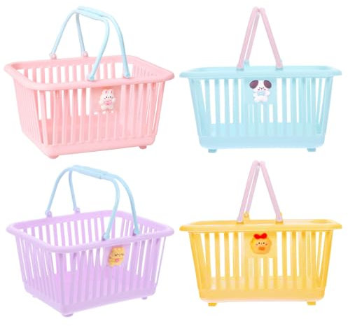 LWZko 4 Stück Einkaufskorb, Kleiner Einkaufskorb aus Kunststoff, mit Zubehör, für Schreibtisch, Duschkörbe für Zuhause, Kleinteile, Partygeschenke, Einkaufskorb Kaufladen, 4 Farben