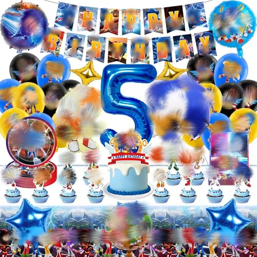 Partygeschirr Geburtstagsdeko 5 Jahre, 65 Stück Geburtstag Deko Cartoon Themed Partyzubehör Set mit Luftballon, Banner, Tortendeko, Tischdecke Party Dekoration für Junge Mädchen