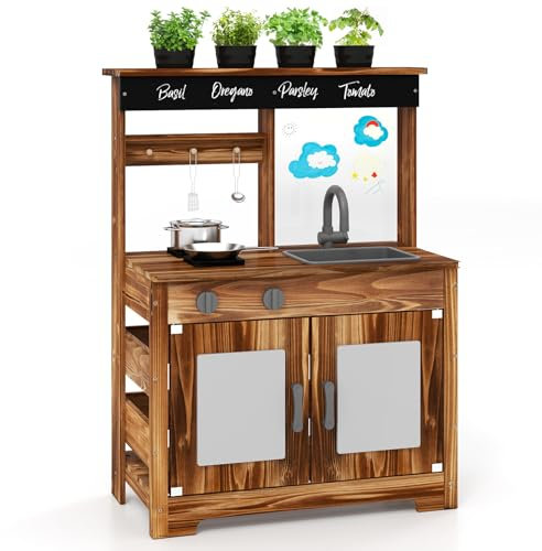 RELAX4LIFE Cucina Giocattolo per Bambini in Legno, Cucina da Giardino con Lavagna Acrilica, 4 Vasi per Piante e Fornelli e 4 Accessori da cucina, Gioco d'Imitazione per Bambini 3+ Anni