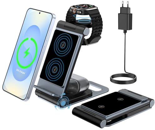 3 en 1 Cargador Inalámbrico Plegable para Samsung Galaxy S25 Ultra Plus FE S24 S23 S22 Z Flip Z Fold 7 6 5 4 3 para Galaxy Watch 8/Ultra/7/6/Classic/5/Pro/4 para Galaxy Buds Carga Rápida Adaptador 20W