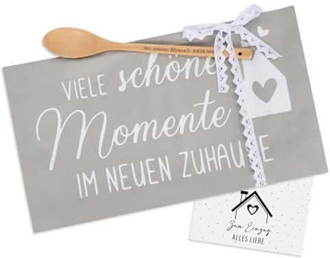 ZJKUBOIS Geschenk zum Einzug - Viele Schöne Momente im Neuen Zuhause Geschirrtuch, Kochlöffel aus Holz und Karte, Einzugsgeschenke Wohnung Haus (Einzug)
