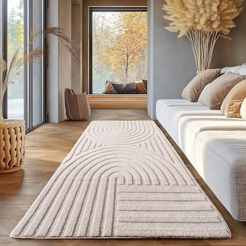 SIMPEX Skandinavischer Boho Teppich Einfarbig Creme 80x250 cm, Deko Teppich, Waschbar, 3D-Effekt, für Wohnzimmer und Schlafzimmer