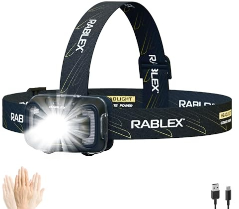 RABLEX RB655 LED-Stirnlampe, 300 Lumen Wiederaufladbare LED Kopflampe mit 7 Lichtmodi, Rotlicht & Sensor USB-Aufladung, IPX4 Wasserdicht Leicht & Kompakt Ideal für Camping, Wandern [Energieklasse A+]