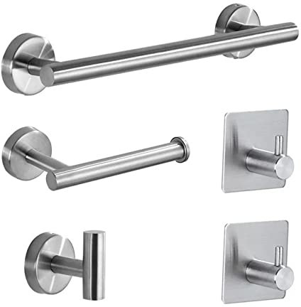Ejoyous 5 Pezzi Set Accessori Bagno, Accessori Bagno in Acciaio Inox Include Barra Porta Asciugamani da Parete, Portarotolo Perforato, Gancio, 2 Ganci Adesivi e Kit Accessori (SILVER)