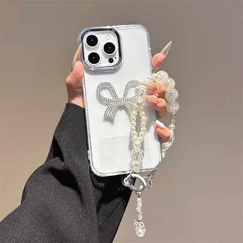 HAOFUGUI Funda para Moto G22 / E32 4G, Mujer Carcasa Transparente con Lazo 3D Cristales + Pulsera de Perlas, Suave Antigolpes TPU Silicona Phone Case-Clear