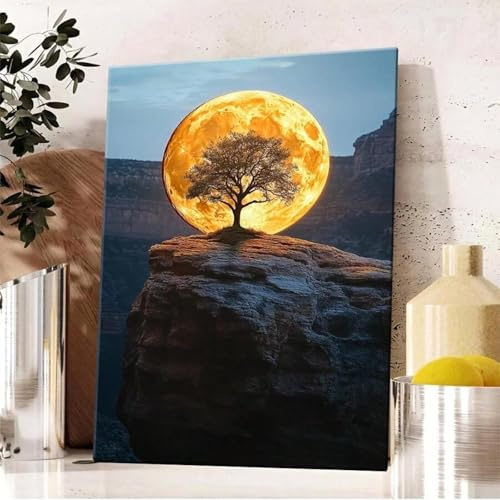 XINBAO 1 pezzo dipinto, luna gialla e l'albero della vita poster su tela, poster e stampe artistiche, quadri su tela decorativi 30x45 cm con cornice