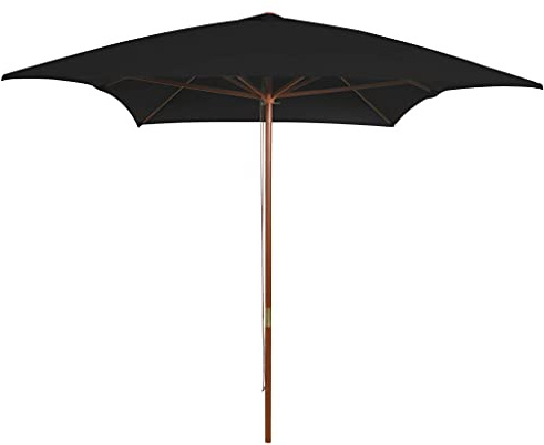 Parasol de Jardin Extérieur, Mât en Bois Naturel 38 mm, Toile Polyester Résistante aux UV, Parasol Balcon et Terrasse, Parasol Plage Anti-Vent, 6 Baleines Robustes, Noir, Dimensions 200 x 300 cm