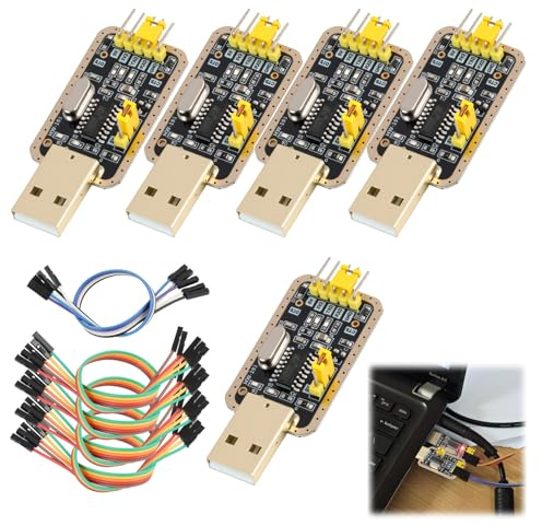 5 Pcs Adaptador USB UART-TTL con Chip CH340G, Conversor de 3.3V y 5V, Módulo Serial con Cables Jumper de 20 cm, Compatible con Arduino, Raspberry Pi y Proyectos Electrónicos