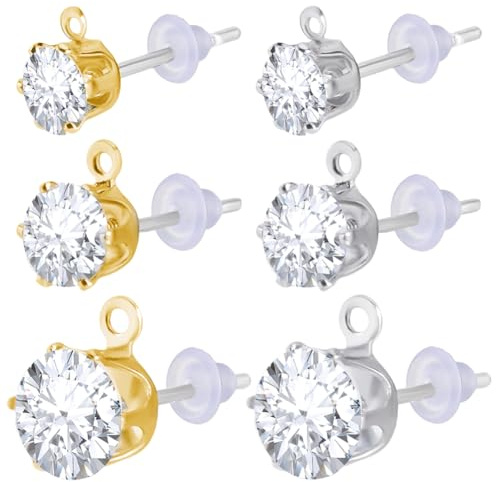 Beebeecraft 60 Paio di Orecchini A Perno in Zirconia Cubica di 3 Misure e 2 Colori Orecchini Piccoli in Argento Dorato con Passante 925 perni in Argento Sterling e 60 Dadi in Plastica per Orecchini