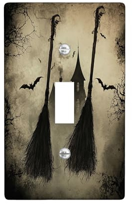 Halloween Witch Magic Broom Decorative Light Switch Cover Plate 1 Gang Single Toggle, Horror Scary Vintage Haunted House Electrical Switchplate, Spooky Electrical Faceplate for Bedroom Room