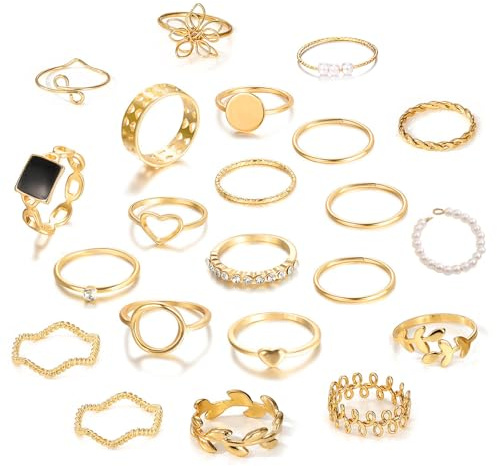 Generisch 21 Stück Ringe Gold Silber Damen Frauen, Boho Goldener Stapelringe Daumenring Fingerring Stapelbarer Knuckle Ringe Blumen Blatt Ring Perlenring Statement Ring Schmuck für Damen Mädchen