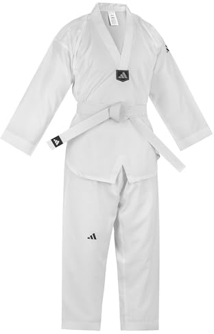 adidas Karate, Taekwondo V-Neck Uniform - Lightweight Polyester Martial Arts Suit with Mesh Inserts for Breathability, Includes White Belt - Ideal for Beginners and Training Sessions - White, 130cm