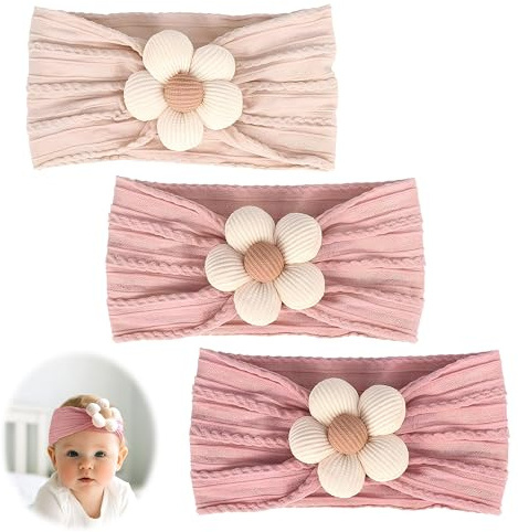 3 Pièces Bandeau Bébé Filles, Fleurs Bandeaux Extensible Nylon Fait Main Bébé Fille Arc élastiques Accessoires Serre Tete pour Nouveau-né Nourrissons Tout-petites Enfants(Beige Rose Caramel)