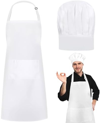 SORAYUXI 2 Stück Kochmütze Schürze Set, Weiß Küchenschürze Verstellbare Kochschürze mit Taschen, Kochmütze und Schürze