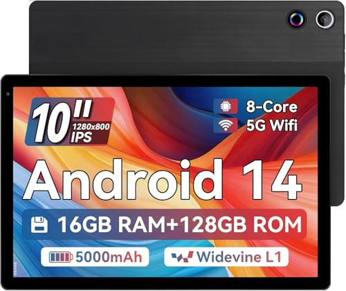 MUISOO 10 Inch Android 14 Tablet, 16GB RAM, 128GB ROM (Expandable to 1TB), Octa-Core Processor, 1280 * 800 IPS HD Touchscreen, 5G/2.4G WiFi, BT 5.0, Dual Camera, 2 Speaker (Black)