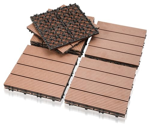 Peviasot WPC Terrassenfliesen 30 x 30 cm, 22 Stück / 2 m² Klickfliesen in Holzoptik mit Drainage, wetterfester Bodenbelag für Balkon, Terrasse & Garten, Braun