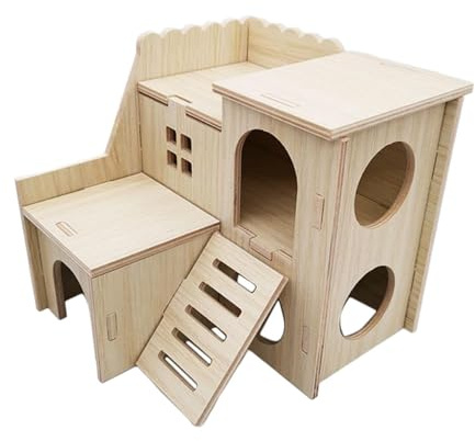 KIXZSAZ Elegantes Hamsterhaus Set mit Spielzeug aus glattem, abgerundetem Holz zum Knabbern und für Rennmauskäfige. Abnehmbares Versteck, Holzfarbe, 14.5 x 15.5 x 14 cm