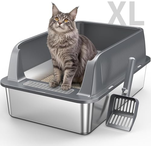 XL Extra Large Stainless Steel Cat Litter Box, 1 Pack, Deep Grey | High-Sided Open Tray for Big Cats, Removable Deep Pan for Easy Cleaning, Non-Stick Odour-Free Surface, Includes Scoop