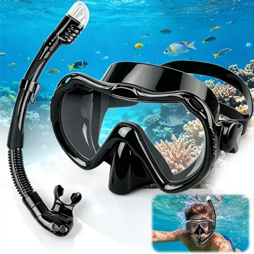 Schnorchelset Erwachsene, Taucherbrille Erwachsene mit Dry Schnorchel, wasserdichte Tauchmaske Anti-Fog Anti-Leck, Schnorchelmaske Erwachsene Mit gehärteter Glaslinse für Damen & Herren