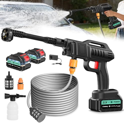 Bellanny Pulitore ad alta pressione senza fili, 100 bar, 270 l/h, pressure washer, 21 V, pistola portatile con 2 batterie 3 Ah, 6 in 1, ugello, 5 m, schiuma, pistola di lavaggio mobile per auto