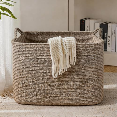 85L Wäschekorb – Aufbewahrungskorb aus Baumwollseil, Rechteckiger Korb mit Griffen für Spielzeug, Decken & Gästehandtücher 60 x 40 x 35 cm (Braun)