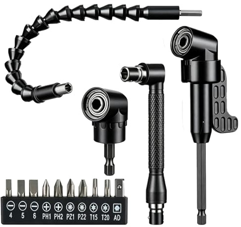 5-Piece Set Right Angle Drill Attachment, Flexible Drill Bit Extension, 90 Degree Drill Adaptor, Angle Drill Attachments for Tight Spaces, with Long and Short Extensions, L-Socket and Flexible Shaft