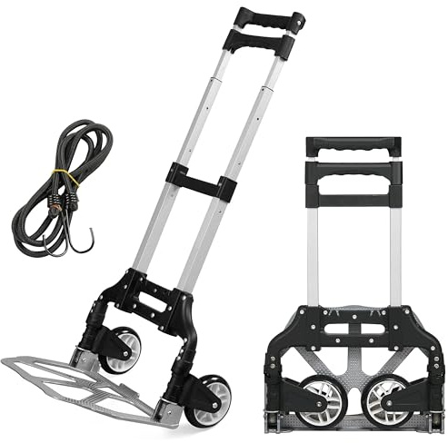 Yaheetech Carretilla Plegable de Mano con Ruedas MAX 75 Kg | Portátil de Aluminio con Cuerda Carrito de Transporte en Viajes, Oficina y Hogar