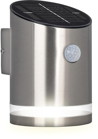 Luceco Solar LED Outdoor Wall Light with PIR Motion Sensor, Security Porch Light, Solar Powered Lantern, Decorative Exterior Lighting, Guardian, Stainless Steel, IP44, 4W, 100lm, 4000K, LEXDSL1S40P