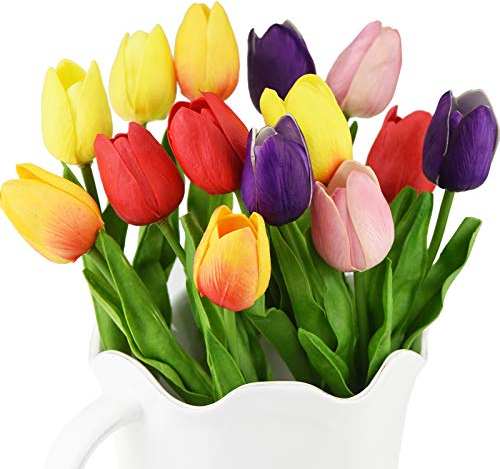 FiveSeasonStuff 15 Stems of Real Touch Tulip Artificial Flowers Bouquet, Perfect for Wedding, Bridal, Party, Home, Holidays, Garden, Birthday, Office Décor DIY (Rainbow)