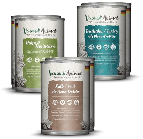 Venandi Animal Premium Nassfutter für Katzen, Probierpaket II, Huhn + Kaninchen, Kalb, Truthahn, 6 x 400 g, getreidefrei und naturbelassen, 2.4 kg