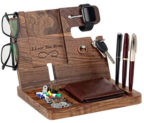 awofer Docking station per telefono in legno di noce inciso, regalo per uomo, comodino con portachiavi, supporto per portafoglio e organizer per orologi, per fidanzato, marito, moglie, per