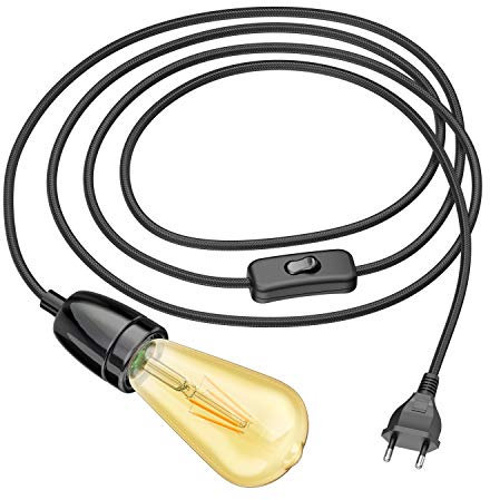 ledscom.de Textilkabel LEHA II mit Stecker, Schalter und E27 Porzellan-Fassung, schwarz, 3 m, inkl. E27 Lampe Vintage gold extra-warmweiß