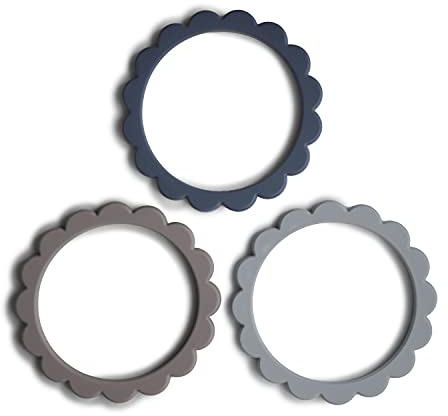 Mushie Anneau de Dentition Bébé | Gel Refrigerant | Jouet en Silicone Sans BPA | Bracelet Fleur | Lot de 3 | Accessoires Jeunes Enfants | Durable & Haute Qualité | Steel/Dove Gray/Stone