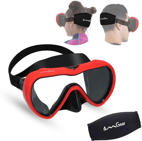 OMGear Dykningsmask, snorkelmask, dykglasögon, vuxna, junior, simglasögon med nässkydd med neoprenrem för snorkling, fridykning (röd)