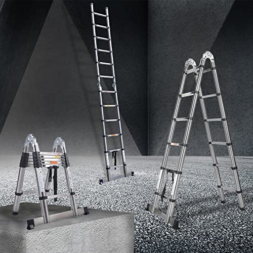 Teleskopleiter 3,8m Edelstahl mit Stabilisator, RutschfesteKlappleiter Ausziehleiter Teleskop-Design Mehrzweckleiter 1,9+1,9m, 12 Sprossen, 150 kg Belastbarkeit, Stabiler
