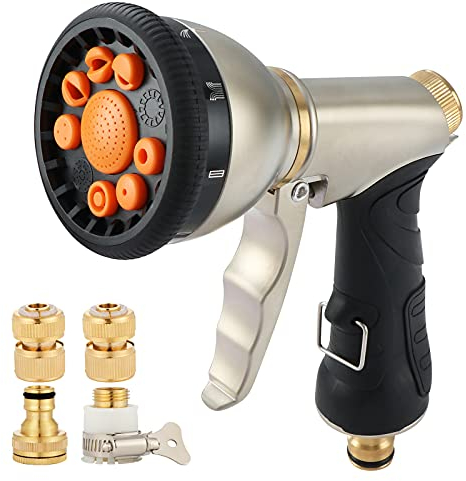 Fippy Pistola Pulverizadora de Metal para Manguera de Jardín con 4 Conectores de Latón, 9 Patrones Ajustables, para Riego de Plantas, Lavado de Coches y Mascotas