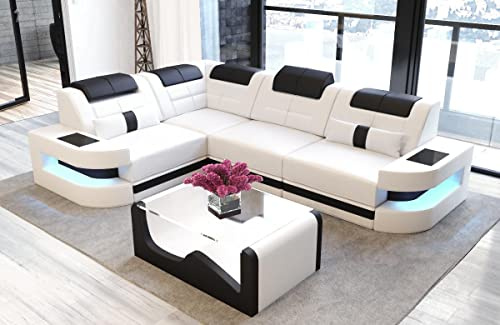 Sofa Dreams Ecksofa Como L Form Ledersofa - mit LED Beleuchtung, verstellbare Kopfstützen, Lederfarben wählbar/Ausrichtung wählbar (Ecke Links, Weiß-Schwarz)