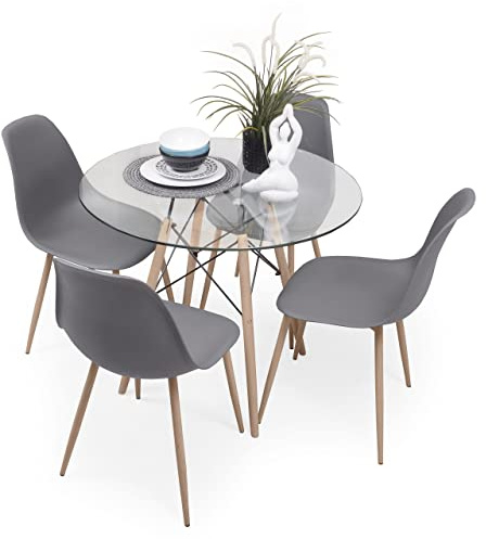 Homely – Conjunto de Comedor Tower Cairo Nordic 100 | Mesa + 4 sillas | Diseño Moderno | Comedor, Salón, Cocina, Sala | Mesa Redonda de Cristal de 100 cm | 4 sillas Color Gris Oscuro