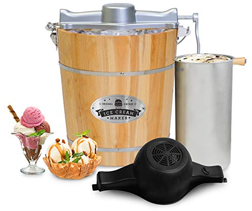 Elite Gourmet EIM402 Máquina de hacer helados eléctrica vintage, forma de cubo de madera antiguo, 3,7 l, manivela clásica de fundición a presión, usa hielo y sal gruesa, helados en minutos, pino