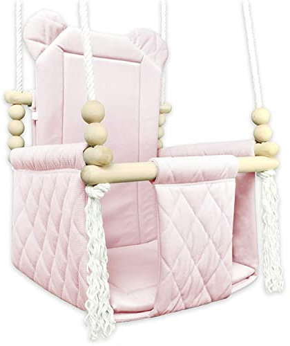 Schaukel für Baby Kleinkind Kinderschaukel Holzschaukel Schaukel Gestell Holz Baumwolle Stoffschaukel rosa Kinderspielzeug Haus Garten Sitz Kleinkind Baby ab 9 Monaten