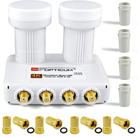 Opticum Monoblock Quad LNB LMQP für 4 Teilnehmer, 2 Satelliten Astra 19.2 + Hotbird 13 Empfang - digital Doppel Sat LMB Kopf Mono-Block 0.1dB Full HD, 4K, 8K, UHD + 8 F-Stecker gratis Sterndiscount