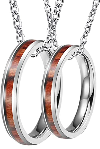 Epinki 2er Paar Halskette für Sie Edelstahl, Holz Partner Ketten Jungs Silber mit Ring Anhänger für Frauen & Männer, Breite 4MM - Herrenkette 60cm, Damenkette 50cm