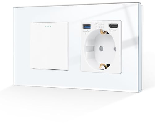 CNBINGO 1-Fach Wipp-Wechselschalter mit USB Schnellladen Steckdose, Schwarz | Schuko Einzelsteckdose mit 20W USB C/A Schnellladen, Unterputz mit Kindersicherung, Einfach Kipplichtschalter, Glasscheibe