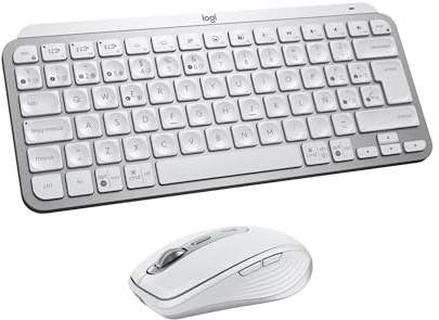 Logitech MX Keys Mini (Teclado) + MX Anywhere 3S (ratón inalámbrico) - Escritura fluida, Teclas retroiluminadas, Desplazamiento rápido, USB-C, Bluetooth, Compacto, QWERTY Español - Pale Grey