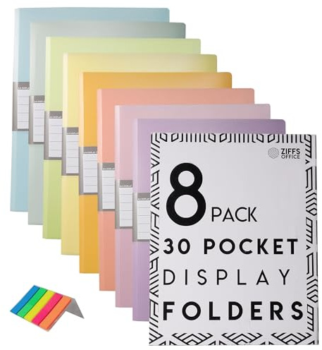 Ziffs Office® Cartelline portadocumenti formato A4, 8 x 30 tasche, colore pastello, formato A4, con tasche in plastica, raccoglitore per presentazioni, 250 etichette adesive incluse