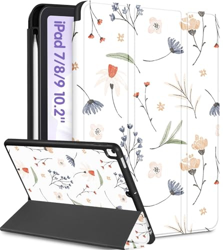 Uppuppy Schutzhülle für iPad der 9., 8. und 7. Generation mit 10,2 Zoll A2602 A2270 A2197, niedliche Folien-Smart-Hülle mit Stifthalter, Blumen, ästhetisch, Kawaii, für Mädchen, Frauen, Teenager