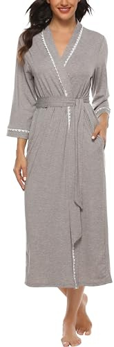 Sopesil Women's Thin Dressing Gown Long Robes Lightweight Nightwear Robes Luxury Soft V-Neck Kimono Sleepwear Loungewear A-Grey,L