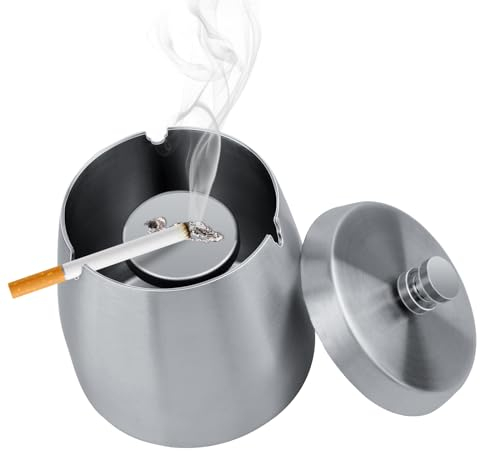 Posacenere con coperchio, in acciaio inox per esterni e interni (argento)